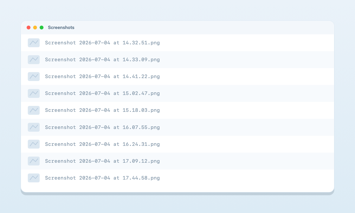 A Finder window full of identical 'Screenshot 2026-07-04 at ….png' filenames that are impossible to tell apart